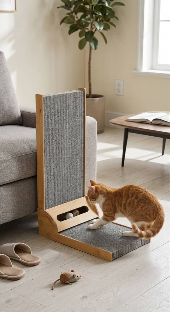 L-Shaped Wooden Cat Scratcher with Interactive Ball Game