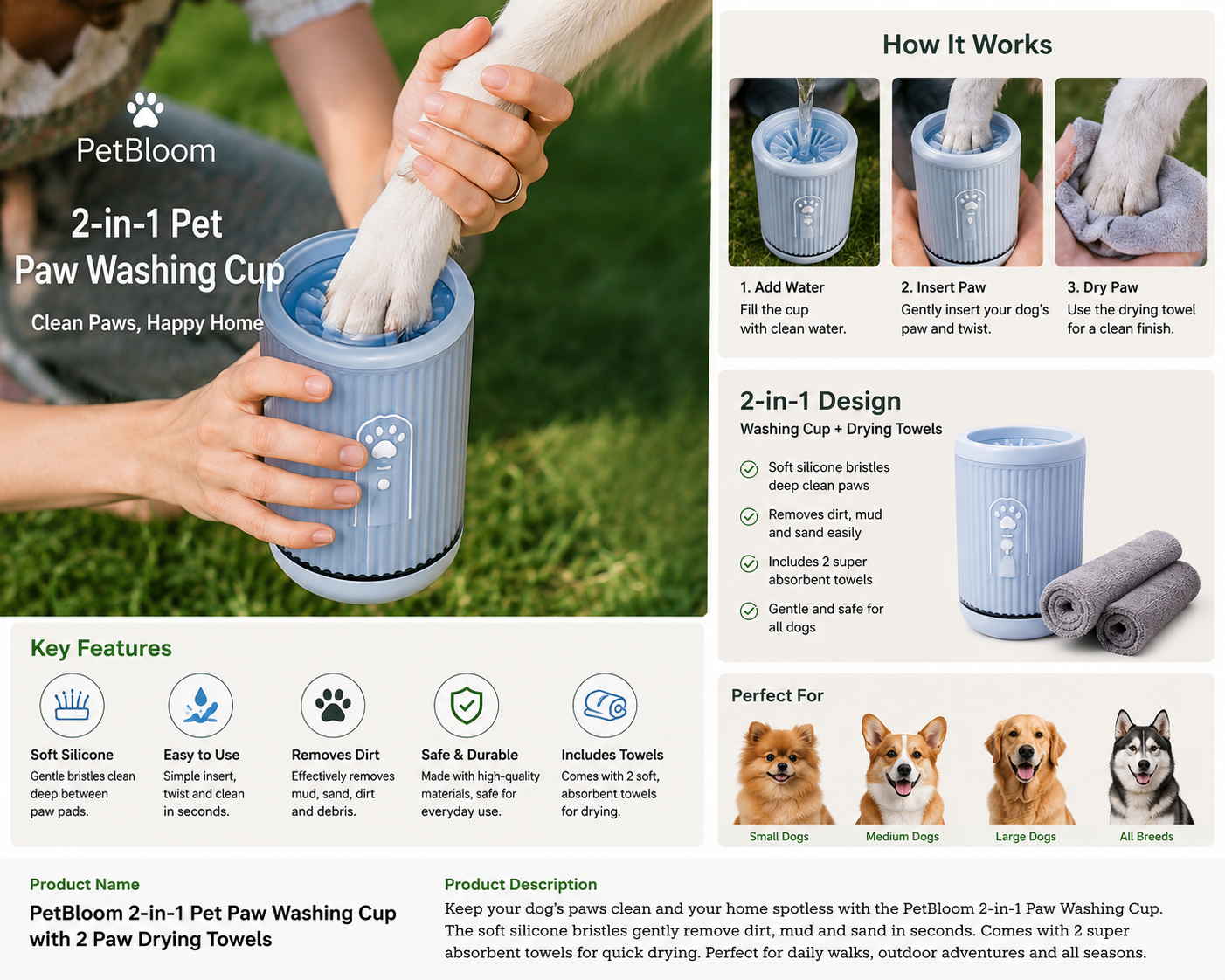 Milo's 2-in-1 Pet Paw Washing Cup with 2 Super Absorbent Drying Towels